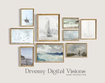 Küsten Wall Art Gallery 9er-Set, Vintage Küsten Wohnkultur, Segelboot Gemälde, druckbare neutrale Wandkunst, nautische Bauernhauswandkunst
