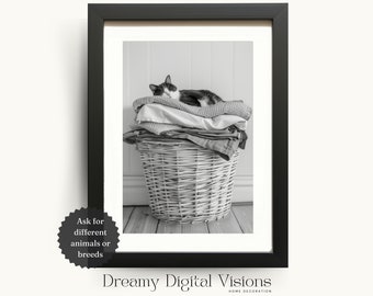 Laundry Room Print, Adorable Cat Asleep on Washing in Washing Basket, Utility Room Decor, Gift for Cat Lovers, Printable Digital Download