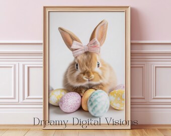 Easter Bunny Print, Spring Nursery Wall Art, Cute Rabbit with Easter Eggs, Pastel Baby Room Decor, Easter Rabbit Wall Art, Bunny Nursery Art