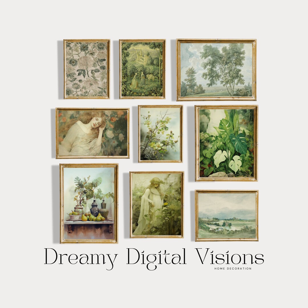 Vintage Printable Wall Art Gallery Wall Set of 9, Green Sage Wall Art ...