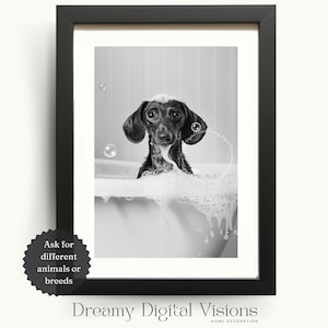 Adorable Dachshund in Bathtub, Doxie Lover Gift, Dog in Bathtub Art, Printable Bathroom Wall Art, Gift for Dog Lovers, Dog Bathroom Print
