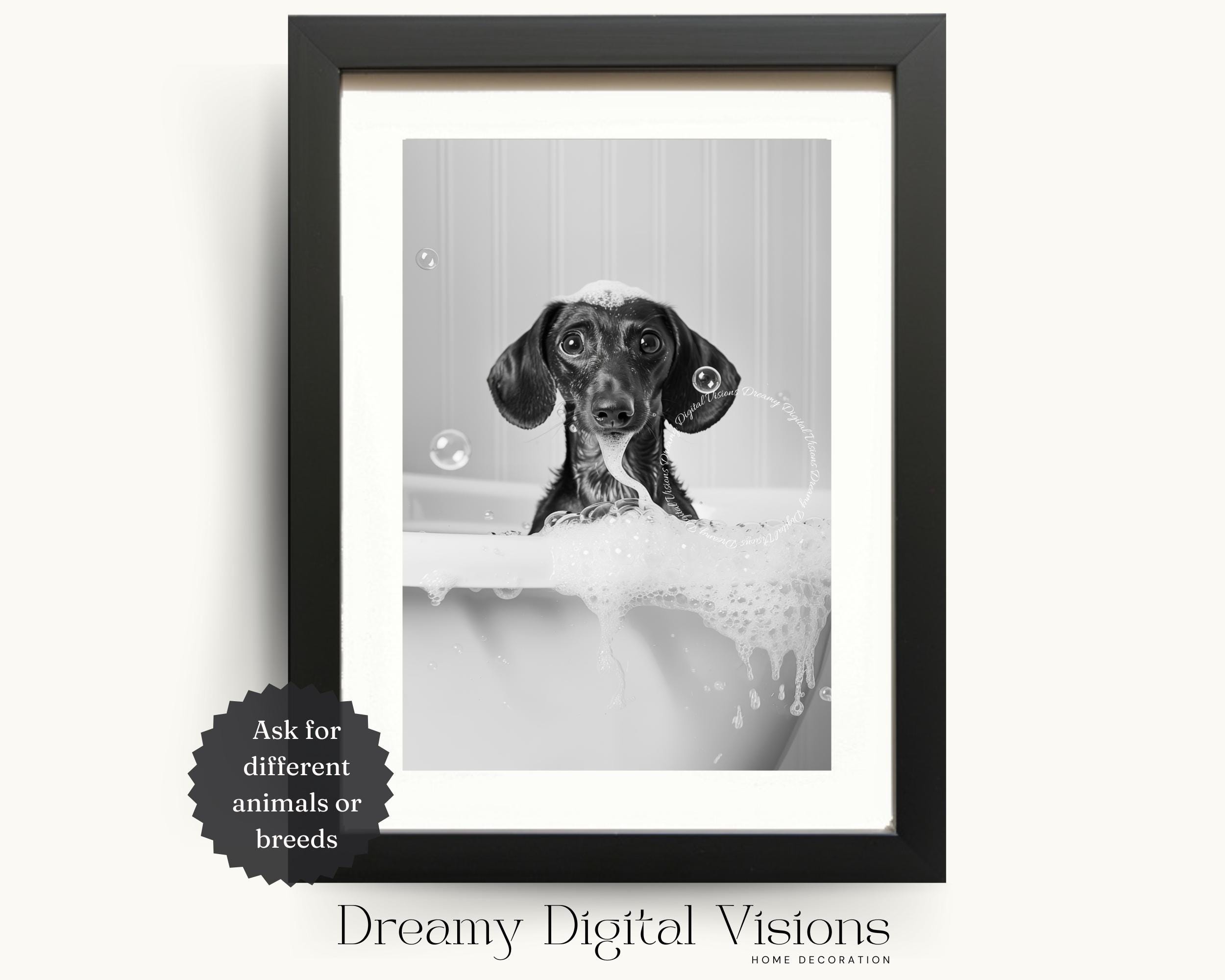 Poster Humoristique Chien Teckel Dans Baignoire - Décoration Murale Noir Et Blanc Pour Salle De Bain, Format A4 - Sans Cadre - 7