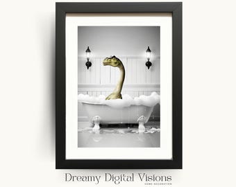 Funny Dinosaur Bathroom Art Print, Diplodocus Bubble Bath Poster, Kids Bathroom Wall Art, Animal in Bathtub Print, Gift for Dinosaur Lovers