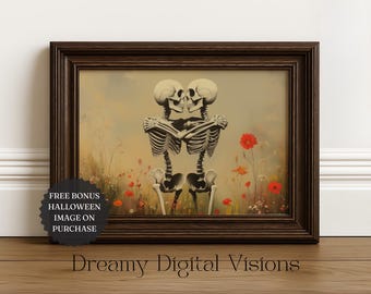 Halloween Skeletons in Love Digital Download, Romantic Gothic Wall Art, Dark Cottagecore Decor, Printable Halloween Poster, Skeletons Print