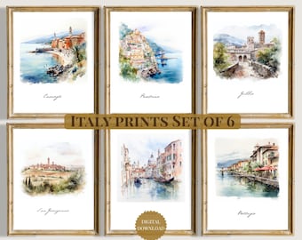 Italian Watercolor Set of 6 Digital Prints - Italy Landscapes, Positano, Gubbio, Bellagio, Venice, San Gimignano, Camogli, Italy Wall Art