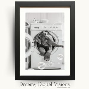 Elefant in Waschmaschine, Wäscherei-Wand-Dekor, lustiger Wäsche-Druck, Hauswirtschaftsraum-Wand-Kunst, Geschenk für Tierliebhaber, Digitaler Elefant-Druck