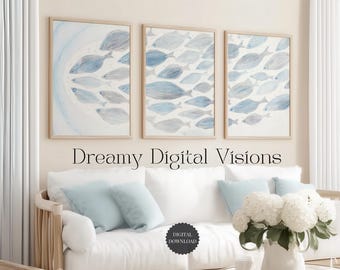 Set di 3 stampe murali costiere: stampe di pesci blu e oceano, download digitale di bagni nautici, opere d'arte di case sulla spiaggia in riva al mare