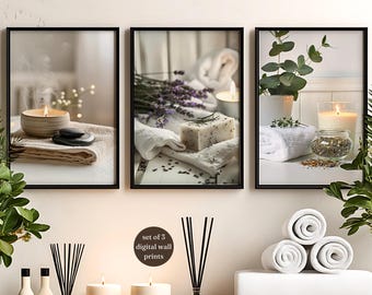 Juego de 3 impresiones de arte de pared para baño de spa: impresiones relajantes de meditación zen, decoración de spa neutra, descarga digital de arte de baño, decoración de bienestar para el hogar