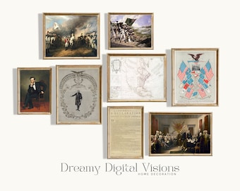 Americana Decor Wall Print Set of 8, Vintage Patriotic 4th July Wall Art, Printable Independence Day Art, Declaration of Independence