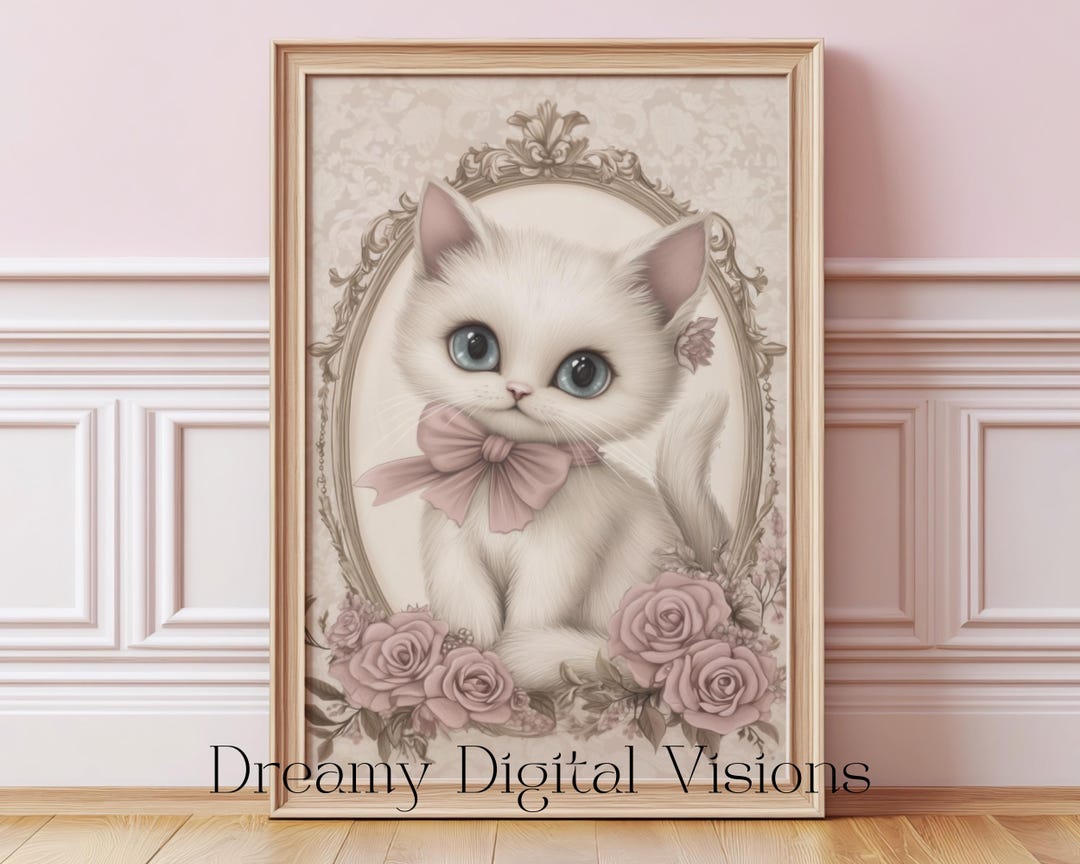 Coquette Kitten Pink Nursery Print, Shabby Chic Nursery Wall Art, Girl ...