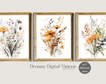 Set van 3 aquarel Wildflower Print Wall Art, minimalistische Boho Wall Decor, bloemenprint kunst, digitale download bloemenprints, printables