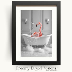 Pink Flamingo In Bathtub Bathroom Print, Animals in Bathtub Print, Flamingo Wall Art, Funny Animal Bathroom Art, Guest Bathroom Decor