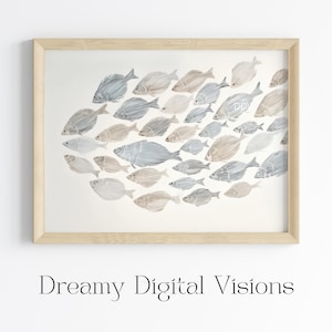 Coastal Fish Decor, Neutral Blue and Beige Ocean Print, Nautical Bathroom Modern Beach House Wall Decor, Minimalist Ocean Fish Wall Art