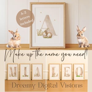 Nursery Initial Print Girl or Boy, Nursery Name Sign Baby Girl, Baby Boy Name Print, Nursery Letter Prints, Bunny Nursery Print Set