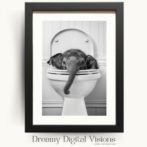 Funny Elephant Print, Animal in Toilet Print, Toilet Art, Funny Animal in Bathroom Print, Guest Bathroom Wall Art, Gift for Elephant Lover