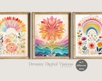 Boho Rainbow Printables, Décor de pépinière Boho, Art mural de pépinière Boho, Chambre de filles Boho, Art mural de fille, Impressions de salle de jeux, Décor de chambre d’enfants