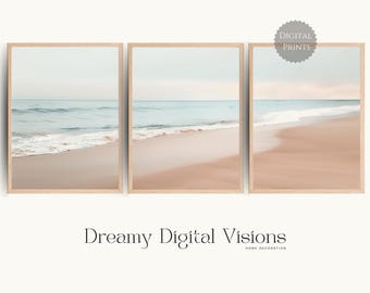 Neutral Colour Beach Prints set of 3, Coastal Landscape Prints, Minimalist Beach Decor, Beach House Bathroom Wall Art, Beach Landscape Art