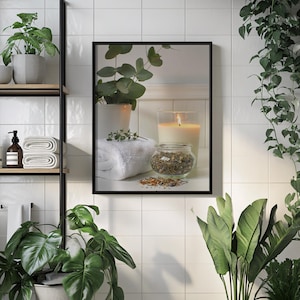 A digital artwork featuring a eucalyptus plant, lit candle, and jar of dried herbs on soft white towels, hung on a tiled bathroom wall surrounded by lush green plants to evoke a peaceful natural spa atmosphere.