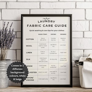 Laundry Fabric Care Poster, Farmhouse Laundry Room Print, Laundry Care Instructions, Printable Laundry Decor, Laundry Care Guide Print