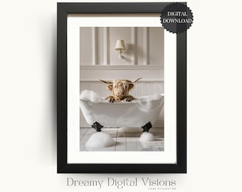 May include: Framed print of a Highland cow in a claw-foot bathtub with bubbles. The image is in a black frame with a white mount. Text reads "DIGITAL DOWNLOAD" and "Dreamy Digital Visions HOME DECORATION". The print is a digital download.