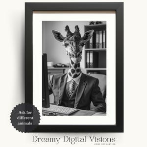 May include: A black and white photo of a giraffe wearing a suit and sitting at a desk. The giraffe is looking at the camera with a serious expression. The photo is framed in a black frame.