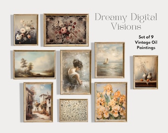 Juego de 9 impresiones de pared vintage para decoración del hogar elegantes, paquete de impresiones digitales de arte de pared rústico, juego de galería de tonos neutros, arte vintage imprimible