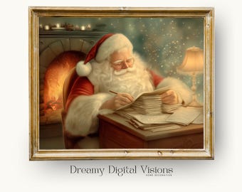 Father Christmas Reading Letters, Vintage Christmas Wall Art, Rustic Christmas Print, Printable Father Christmas Art, Warm Christmas Print