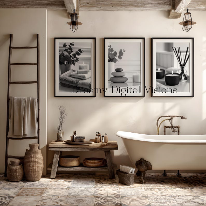 A set of 3 relaxing spa bathroom prints. Featuring minimalist black and white photography, each print showcases a calming scene with candles, towels, and soothing natural elements, displayed on the wall in a rustic bathroom setting