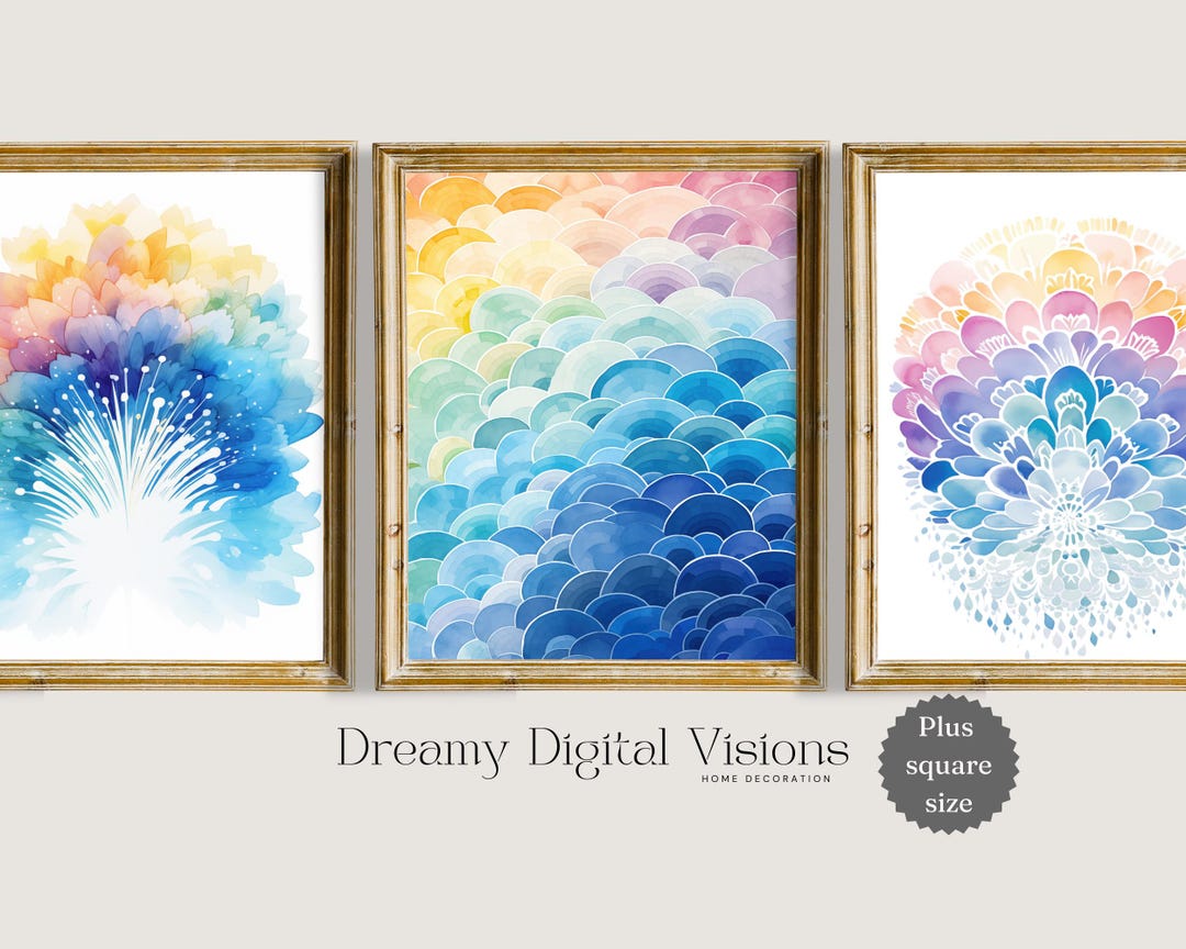 Set of 3 Boho Rainbow Prints in Blue Hues, Nursery Wall Art, Blue Boho ...