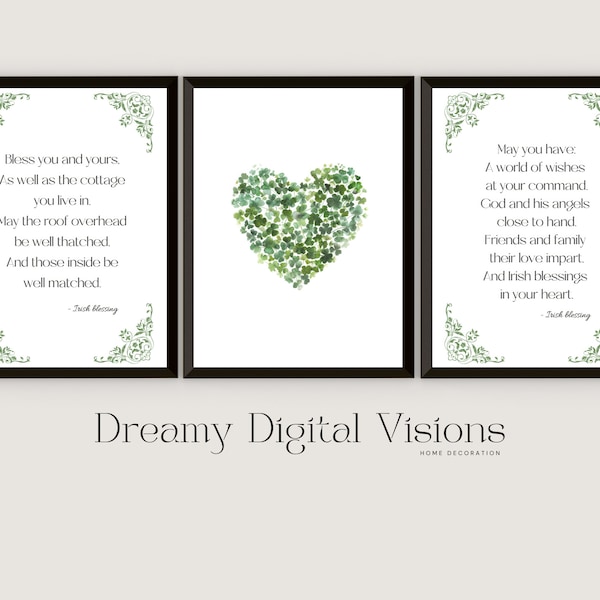 St Patricks Day Decor Set of 3, St Patrick's Day Prints, St. Patrick's Day Wall Art, Green Prints, Digital Instant Download, Irish Blessings