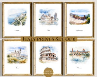 Italy Watercolor Set of 6 Digital Prints, Italy Landscapes Poster, Rome Florence Pisa, Italy Wall Art, Travel Poster, Mediterranean Decor