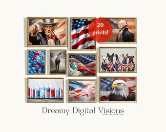 Patriotic 4th of July Wall Art, Set of 20, Memorial Day Art Prints, American Flag Art, Independence Day Art, July 4th Printable Wall Art