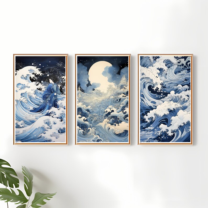 Set of 3 Japanese Digital Prints Blue and White Wave Artwork - Etsy