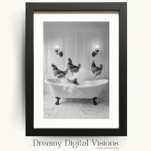 Farmhouse Chickens in the Bath Bathroom Print, Funny Guest Bathroom Decor, Animals in Bathtub Print, Cloakroom or Kids’ Bathroom Wall Art
