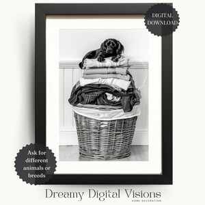 Black Cocker Spaniel Puppy Sleeping on Laundry Basket Laundry Print, Gift for Dog Lover, Cocker Spaniel Print, Printable Laundry Room Decor