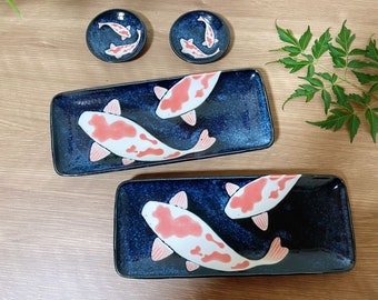 Ensemble 4 pièces en 1, assiette à ramen poisson koi Mino Ware japonais fabriqué au Japon Ensemble de vaisselle à sushi fait main vaisselle japonaise authentique