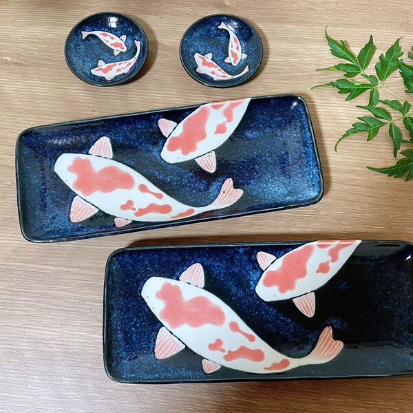 Ensemble 4 pièces en 1, assiette à ramen poisson koi Mino Ware japonais fabriqué au Japon Ensemble de vaisselle à sushi fait main vaisselle japonaise authentique