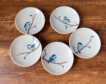 5 Piece, Japanese Handmade Four Seasons Flower Bird Plates Gift Set, Kutani ware Ceramic Yamagara Bird Soy Sauce Plate/Pickle Olive Dish