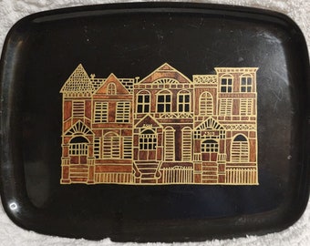 McM VINTAGE Couroc Victorian RowHouses Inlaid Wood SERVING TRAY Barware 12.5x9.5