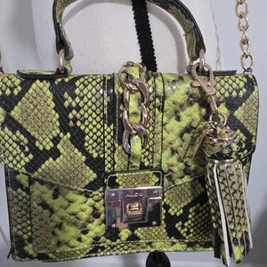 ALDO Acid Green Faux Python Crossbody Handbag Long Chain Strap & Tassel EuC
