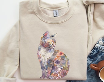 Floral Cat Sweatshirt, Floral Cat Shirt, Cat Mom Shirt, Cat Owner Gift, Cat Lover Sweatshirt, Flower Cat Mom Crewneck