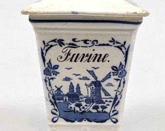 Antique blue delft flour container/canister- French "Farine"