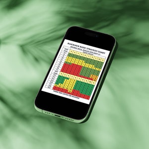 May include: A smartphone displays a blackjack basic strategy chart. The chart is color-coded with green, red, and yellow blocks, providing guidance for playing blackjack. The phone is black and angled against a green background.