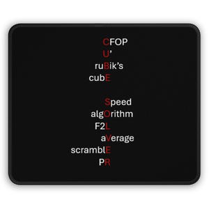 May include: Black rectangular mousepad with rounded corners. The mousepad features white and red text related to Rubik's Cube solving, including "CFOP", "U'", "rubik's cube", "Speed algorithm", "F2L", "average", "scramble", and "PR".
