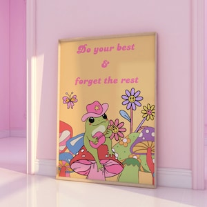 Retro Frog Poster, Girly Frog Wall Print, Pink Wall Art, Poster Prints, Dorm Room Decor, Frog Aesthetic Art, Printable Art, Groovy Print