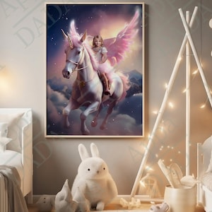 Baby Riding Flying Unicorn Portrait Canvas Pink wings Poster Print Portrait From Photo Fantasy Night Sky Digital Download First Birthday