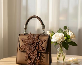 Handmade Brown Floral Embroidered Bag – Elegant Vintage Shoulder Handbag