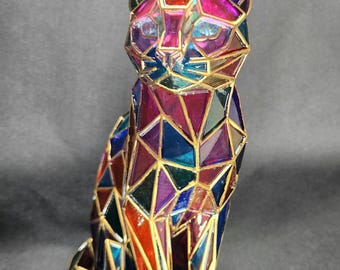 Stained Glass Cat - Hand Painted Cat Decor - Colorful Faux Stained Glass Figurine Cat Lover Gift