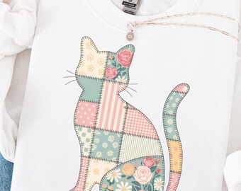 Floral Cat Patchwork Sweatshirt | Vintage Floral Cat Shirt | Grandma Core Cat Mom Sweater