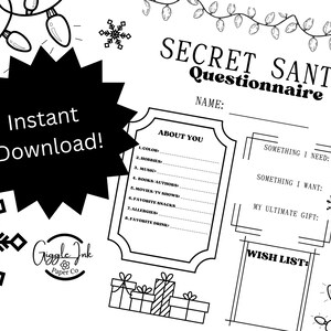 Secret Santa Questionnaire, Santa Wish List, Work Santa, Office Party, Christmas Exchange, Secret Santa Form, Gift Questionnaire